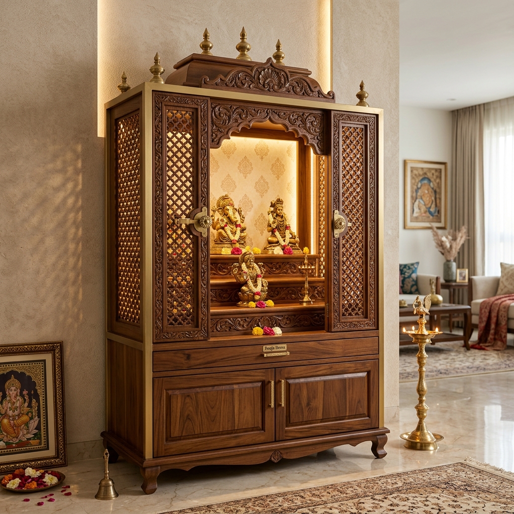 Imperial Steel & Teak Pooja Ghar with Doors